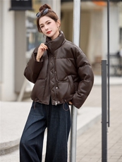 pu皮短款羽绒服女冬季2025新款小个子今年流行款加厚保暖外套立领，女装羽绒服，依万里