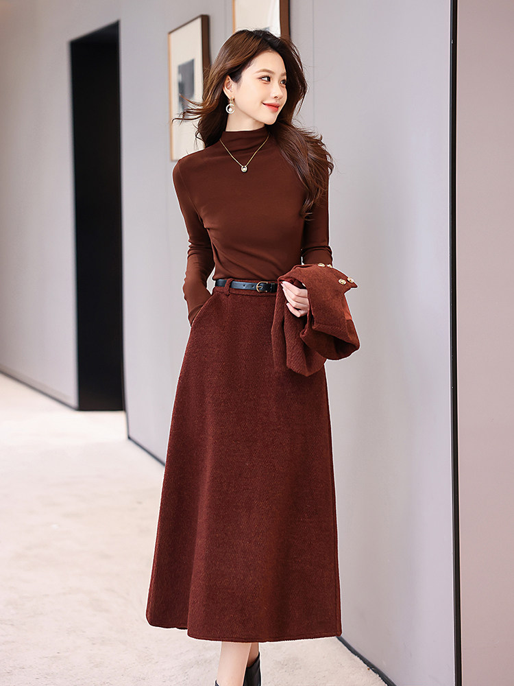 红色小香风毛呢马甲套装裙女2025春秋新款洋气打底衫半身裙三件套,女装套装/套裙,奋斗女王