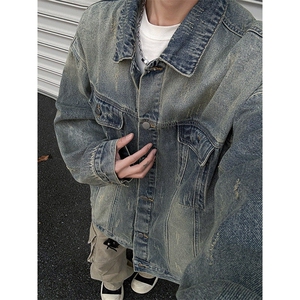 美式复古水洗痞帅牛仔外套男士春秋季街头宽松百搭大口袋工装夹克图片