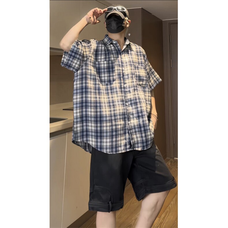美式复古格子短袖衬衫夏男女宽松潮流小众休闲半袖衬衣CSD03P35,男装T恤,电商D256-1(原A064-1)