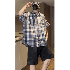 美式复古格子短袖衬衫夏男女宽松潮流小众休闲半袖衬衣CSD03P35，男装T恤，电商D256-1(原A064-1)