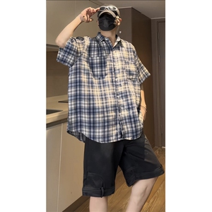 美式复古格子短袖衬衫夏男女宽松潮流小众休闲半袖衬衣CSD03 P35图片
