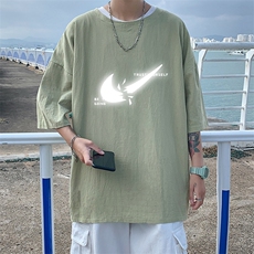 YT26111-P30亚麻短袖t恤男大码五分袖男宽松七分袖港风模特，男装T恤，电商A040