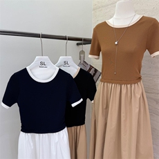 拼色圆领短袖拼接纯棉半身裙，女装连衣裙，优麦羊绒（原洪叶羊绒）