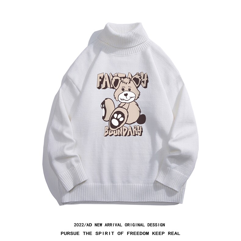 白底22秋冬新款趣味小熊宽松百搭可翻高领套头毛衣M959P55控78，男装针织衫/毛衣，电商A247-1