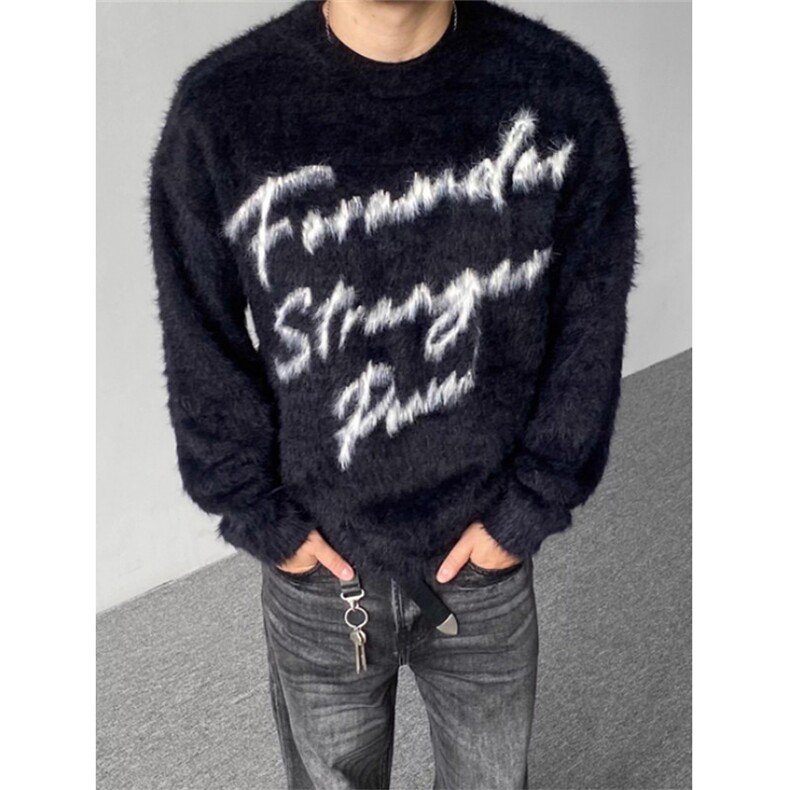 字母提花情侣毛衣男女秋冬季复古水貂绒慵懒风休闲针织衫M102，男装针织衫/毛衣，星座1116A（原606A-3）
