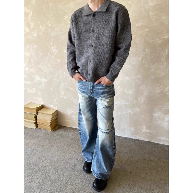 706-1-LY253-P65现货秋季美式重磅复古翻领开衫毛衣外套,男装针织衫/毛衣,星座706-1