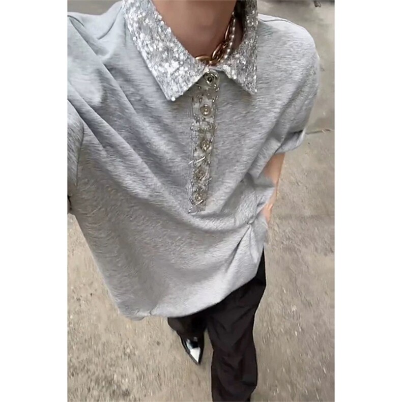 网图有货夏季美式亮片方领短袖T恤男女别针设计感POLO衫A678-P48,男装T恤,星座1505
