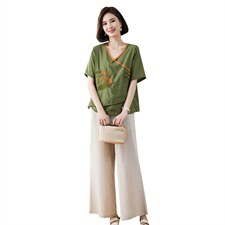 现货2023小众设计复古盘扣设计文艺刺绣休闲套装，女装套装/套裙，深水步