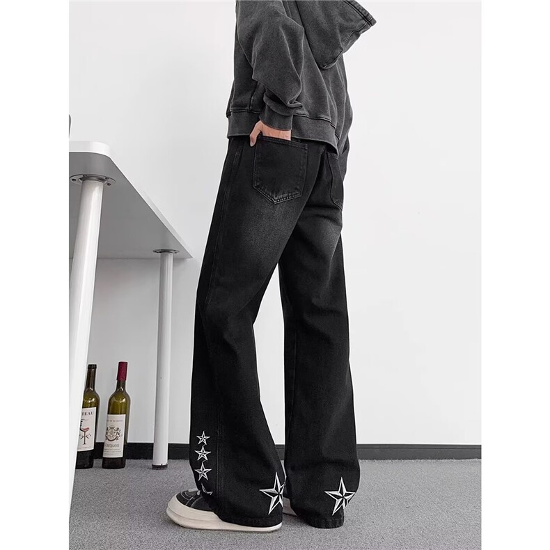 星星刺绣加绒牛仔裤男女美式高街直筒修身微喇裤SA543P44,男装牛仔裤,星座1112-1