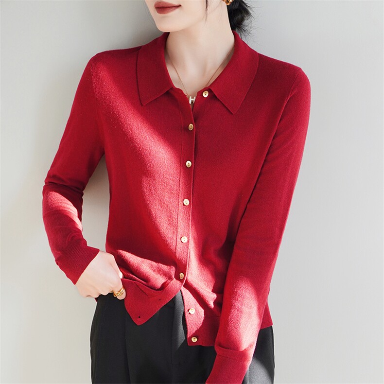 POLO领针织开衫女2025新款长袖衬衣领叠穿保暖精纺羊毛翻领打底衫,女装羊绒衫,暖烁羊绒