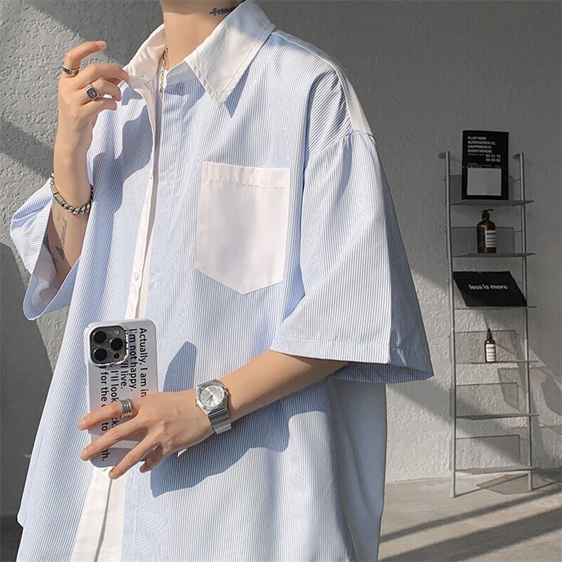 仓库现货CS1120-特批25条纹撞色拼接百搭痞帅大码短袖衬衫,男装衬衫,电商A059