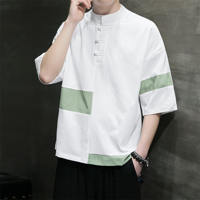 夏季民族风套头休闲时尚男拼接都市大码宽松短袖t恤唐装盘扣男装，男装T恤，电商A011（原4039）