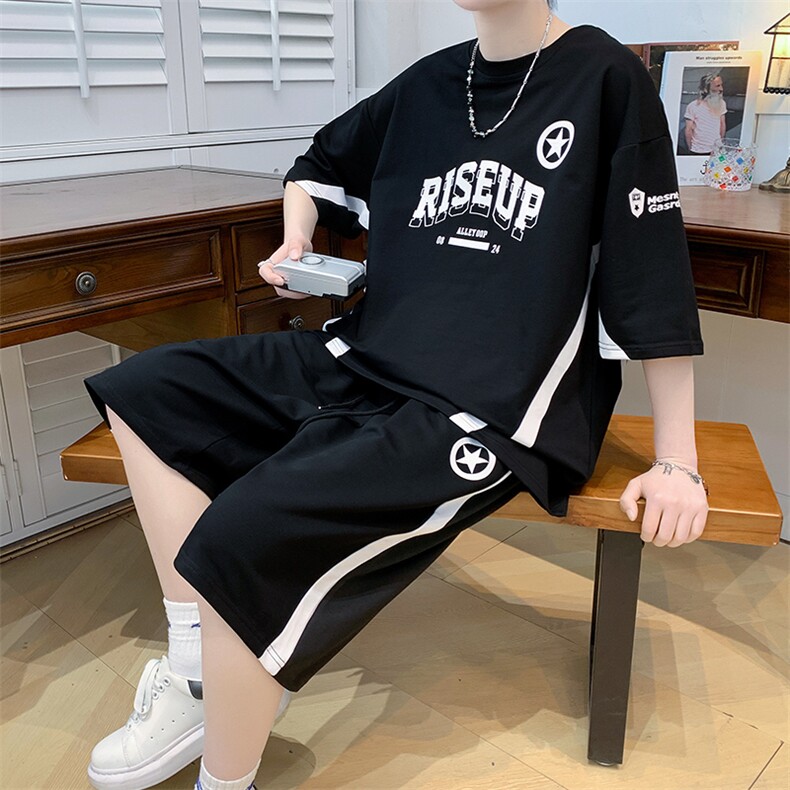 重磅新款夏季短袖T恤套装青少年纯棉宽松潮流男装DF321P68控98,男装休闲套装,电商A086