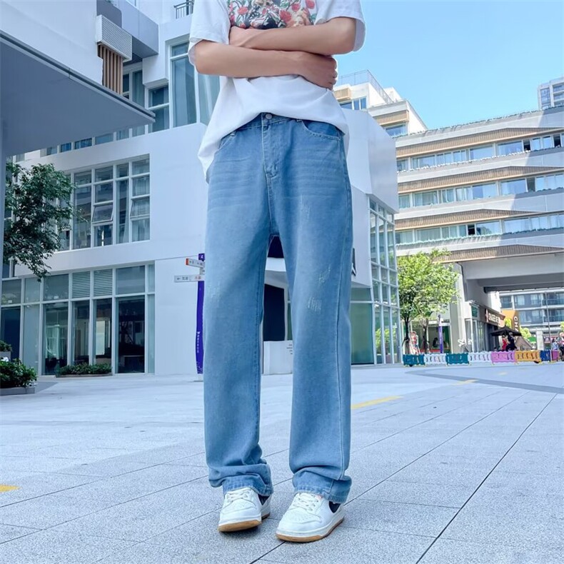 日系复古直筒牛仔裤男夏季cleanfit宽松百搭水洗抓痕垂感休闲长裤图片