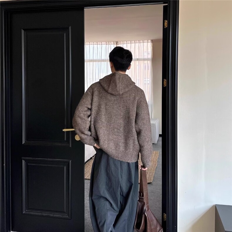 港风针织开衫单排扣外套男秋冬潮牌慵懒风毛衣高级感纯色连帽外套,男装针织衫/毛衣,星座516A