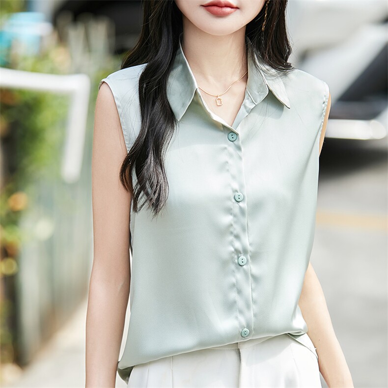 衬衫女设计感小众春夏季新款气质缎面无袖上衣通勤职业衬衣打底衫,女装背心吊带,佳绒高端店