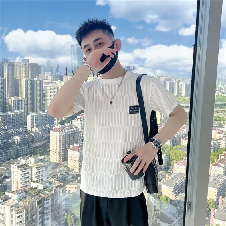 潮男短袖t恤夏季痞帅精神小伙体恤衫2023个性男士休闲上衣 T216图片