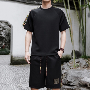 男士休闲运动套装男刺绣拼接T恤短裤两件套青年A266-TZ9907-P47图片
