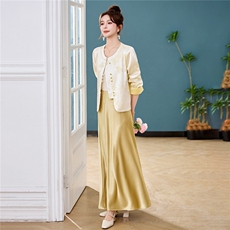 新中式G风套装女2026春新款优雅时尚复古盘扣刺绣文艺范两件套裙，女装套装/套裙，火爆靓佳人