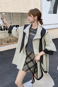 设计感小众格纹拼接风衣外套女春秋新款法式漂亮休闲小个子大衣潮图片