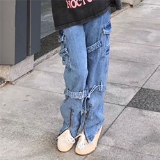 欧美hiphop裤子设计感高级感绑带开叉工装牛仔裤美式高街男拖地裤，男装牛仔裤，星座601-2