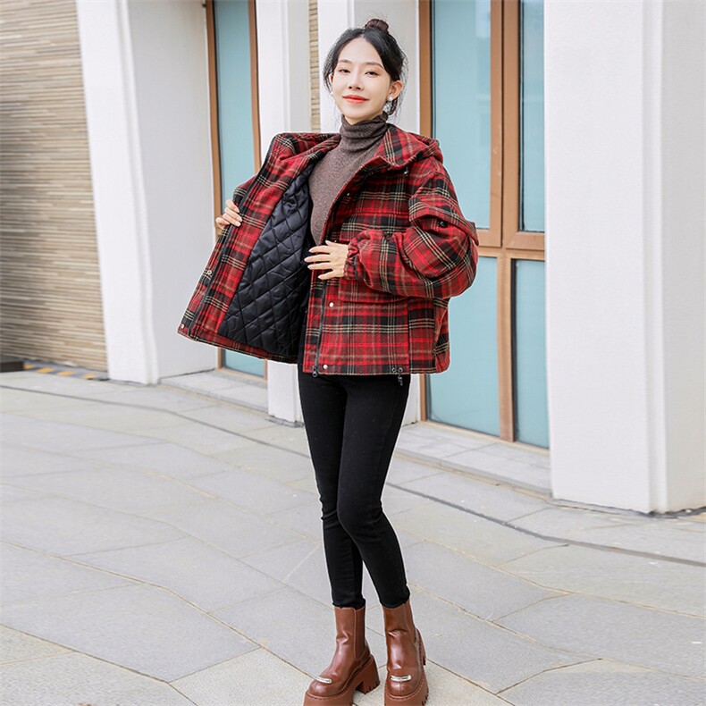 水衣源853A格子毛呢夹棉加厚短款连帽外套,女装棉衣/棉服,水衣源