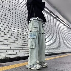 美式高街潮牌纽扣可拆卸做旧黄泥牛仔裤男小众设计感口袋长裤图片