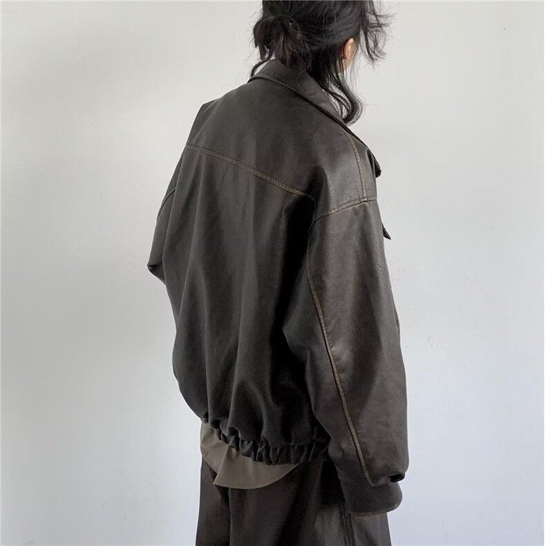 做旧皮衣外套男女春秋皮夹克宽松潮牌多口袋机车服JK3605-P100,男装皮衣,星座310A-4