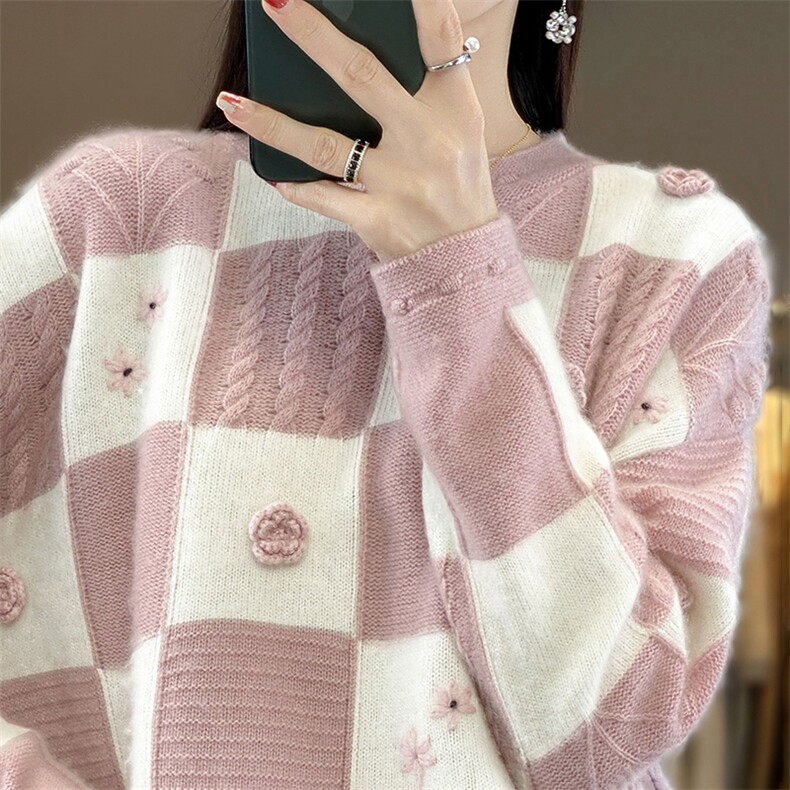 100%纯羊毛衫女圆领撞色勾花毛衣针织衫宽松慵懒风羊绒打底衫上衣,女装羊毛衫,臻维羊绒