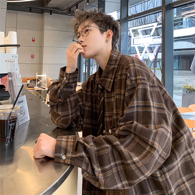 情侣美式复古徽章格子衬衫男长袖衬衣外套XZ225-3-CS03-P50控75,男装衬衫,星座225-3
