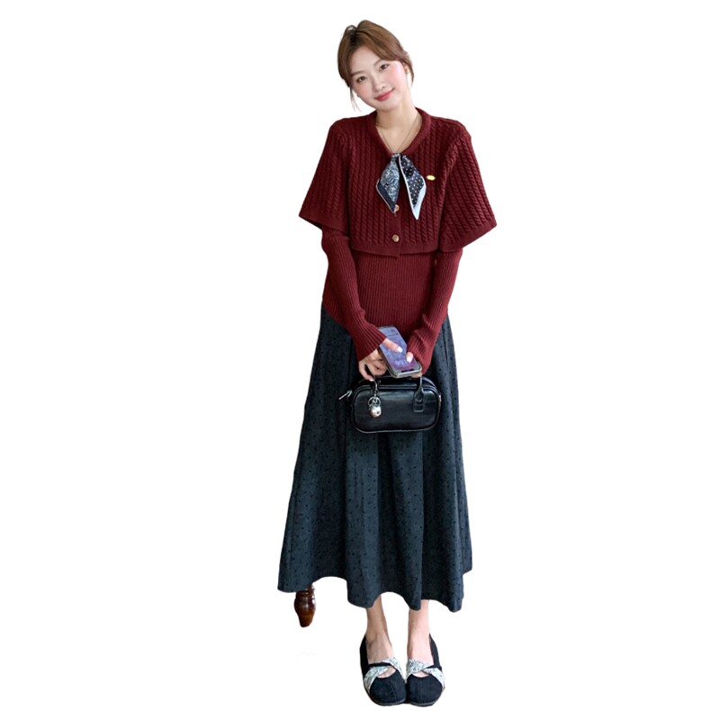 轻熟风设计感套装女2025新款韩版针织上衣斗篷波点半身裙三件套,女装套装/套裙,2C166