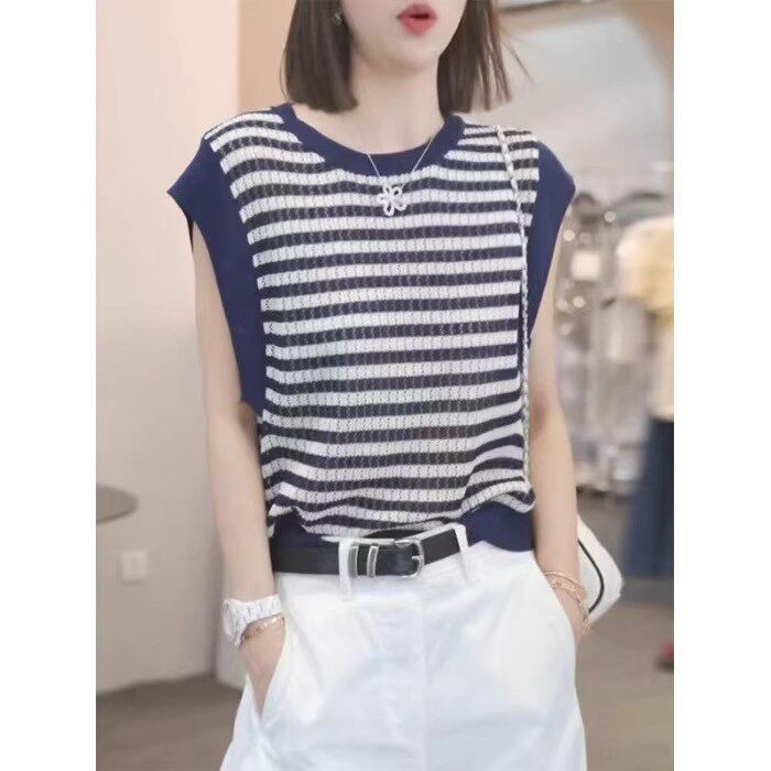 夏季新款女士简约时尚舒适条纹圆领短袖，女装T恤，恒旺羊绒