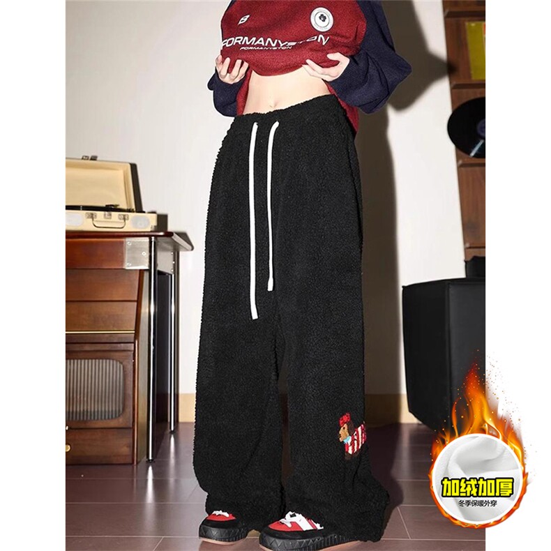冬季美式刺绣羊羔毛棉裤男女情侣加绒加厚保暖宽松休闲阔腿长裤子，男装棉衣，电商A486-1