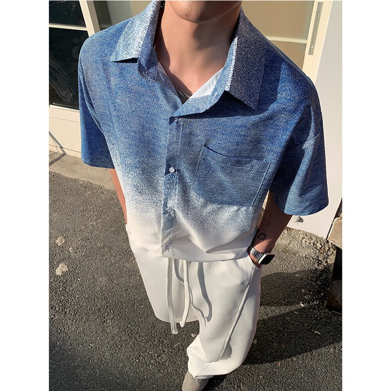 图冰丝速干渐变色夏季美式潮流短袖衬衣男女扎染衬衫P35,男装T恤,电商C306-1