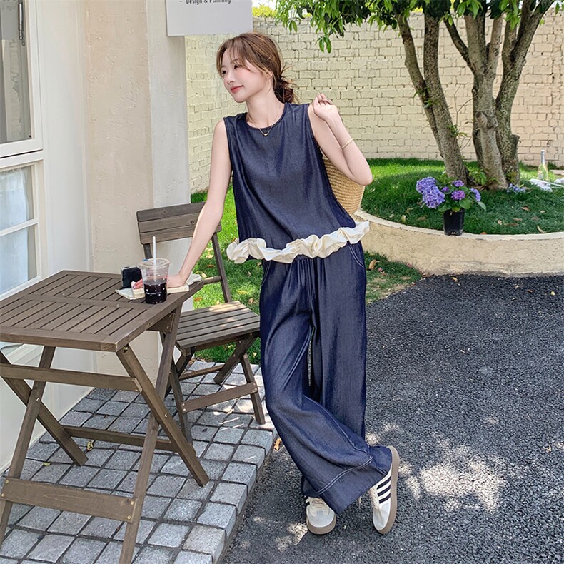 休闲无袖花边背心牛仔阔腿裤套装女2025夏季新款韩系高级感两件套,女装套装/套裙,2C283