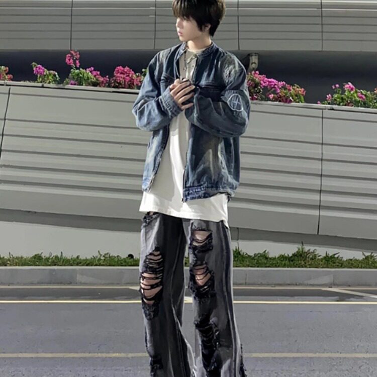 2025秋季美式高街机车牛仔外套男款水洗做旧潮牌宽松休闲拉链,男装工装外套,星座1210-1