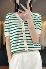 法式高级感小香风开衫上衣黑白条纹v领纯棉针织短袖t恤女夏季薄款，女装针织衫/毛衣，斯美雅电商供货