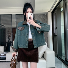 美式pu皮拼接牛仔外套女秋季新款复古宽松短款长袖上衣NZ065-88，男装工装外套，星座911-3