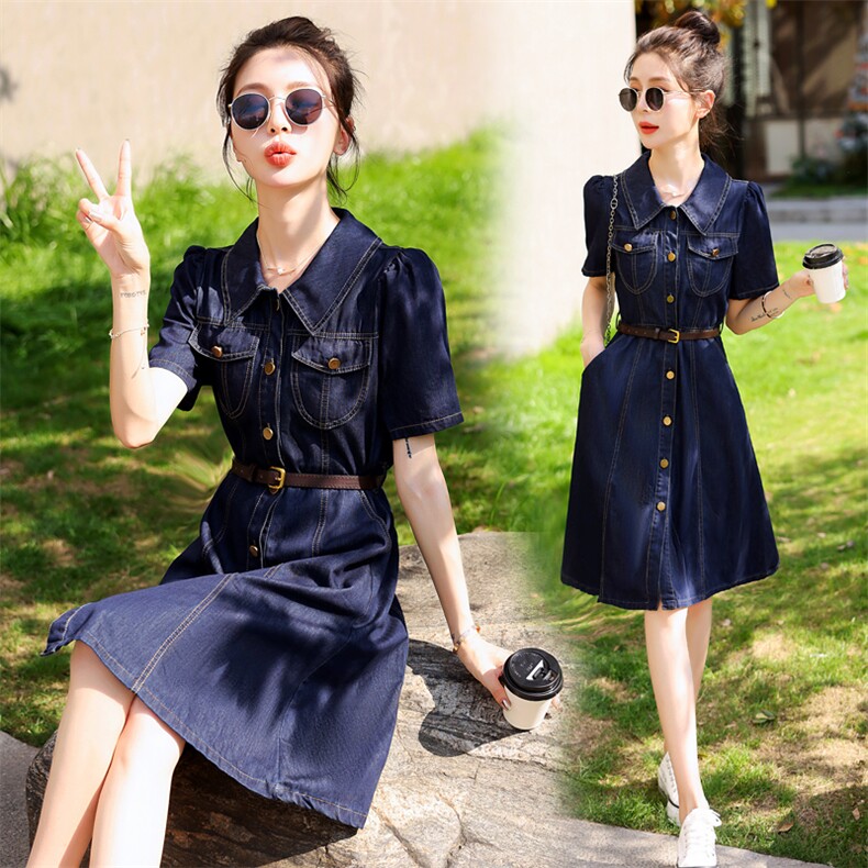 C8023夏季2025新时尚修身泡泡短袖翻领腰带收腰牛仔连衣裙,女装连衣裙,意芙