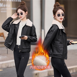 爆款加绒短款皮衣女2025秋冬季新款小个子显瘦大毛领棉服外套潮图片
