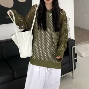 760-P35 禁欲系镂空针织衫男气质宽松长袖防晒衣慵懒风透视装卫衣图片