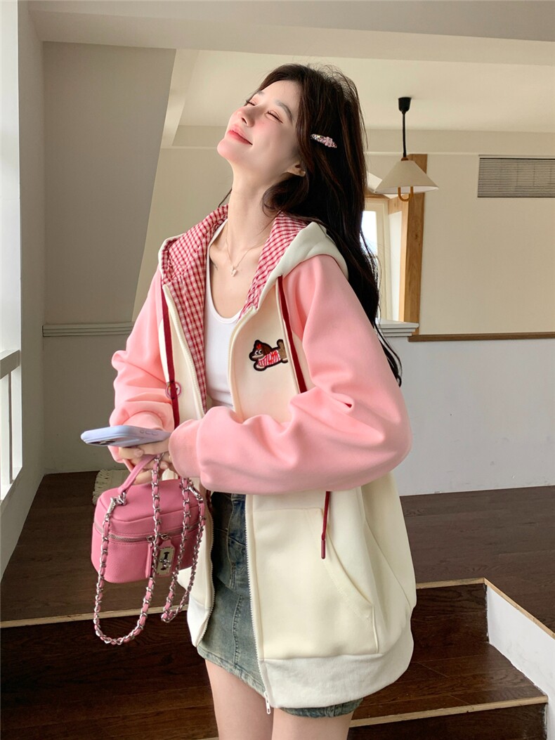 现货2026春秋季连帽外套女针织撞色可爱风学生休闲百搭外套,女装卫衣/绒衫,网红馆