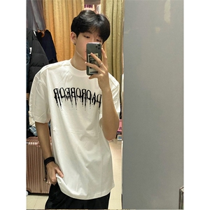 抖音得物供货210克现货宽松纯棉美式潮牌印花落肩袖纯棉T恤AT2187图片