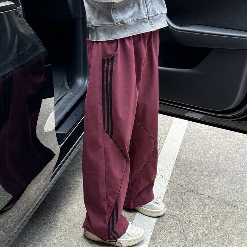 611-3 BK25 P55 美式1复古条纹运动裤直筒男女红色裤子工装裤图片