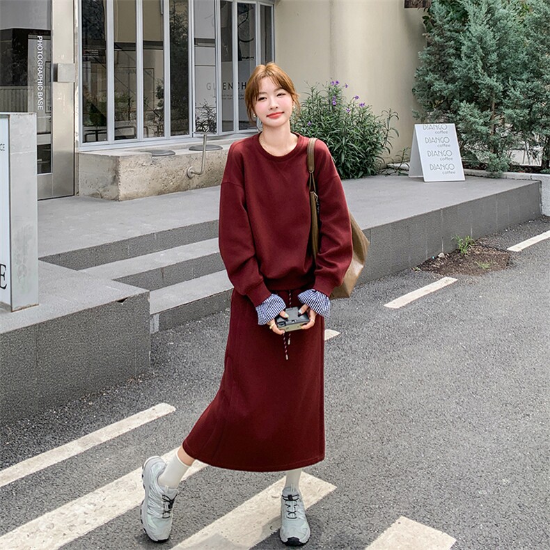 安可拉红休闲运动卫衣套装半身裙女秋新款又a又飒独特绝美两件套图片