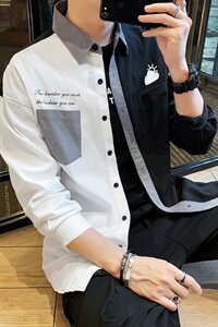 长袖衬衫男秋季新款韩版潮流宽松拼色休闲衬衣DS937T图片