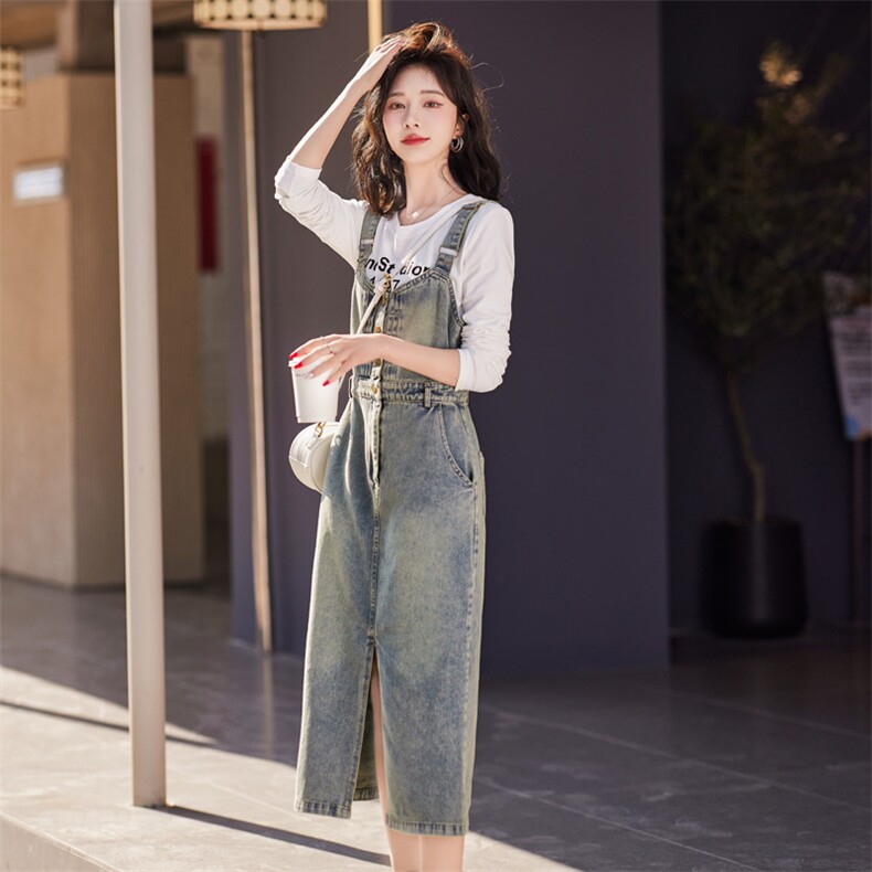 欧货牛仔背带裙女2024年春秋新款休闲气质时尚洋气减龄开叉连衣裙,女装套装/套裙,慧尚依恋