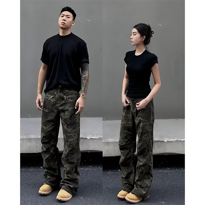 网络图现货美式复古迷彩男女工装直筒宽松微喇牛仔裤J8146-P58,男装牛仔裤,星座715-7