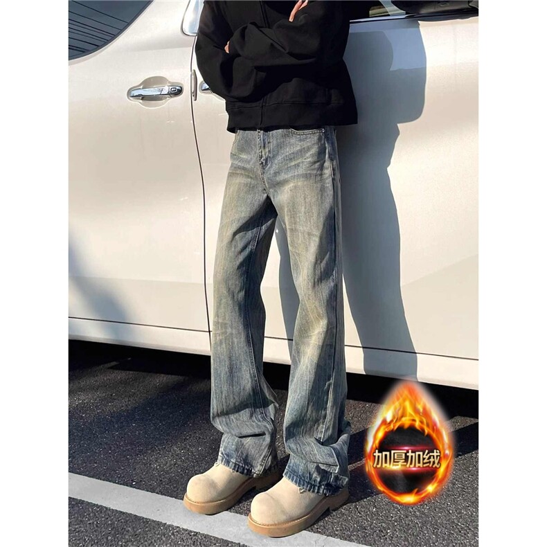 美式微喇加绒牛仔裤男款水洗做旧痞帅直筒长裤GN603-常规48加绒60,男装牛仔裤,星座1001-1